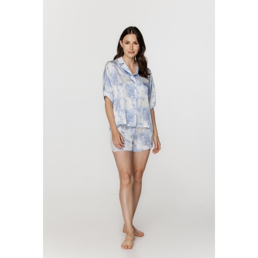 Pijama mujer viscosa azul estampado camisa pantalón corto